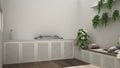 Modern white terrace with tall walls, barbecue, bench with potted plants, ivy, shelves, wooden floor, contemporary interior design Royalty Free Stock Photo