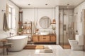 Modern white tile well stocked bathroom glass shower porcelain bathtub Royalty Free Stock Photo