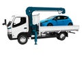 Modern white tow truck with blue crane with loaded car in trailer 3d render on white background no shadow Royalty Free Stock Photo