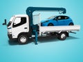 Modern white tow truck with blue crane with loaded car in trailer 3d render on blue background with shadow Royalty Free Stock Photo