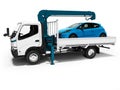 Modern white tow truck with blue crane with loaded car in trailer 3d render on white background with shadow Royalty Free Stock Photo