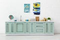 Modern white and turquoise kitchen interior Royalty Free Stock Photo