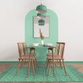 Modern white, turquoise and wooden dining room with table set and vintage scandinavian chair, empty space with carpet, door,