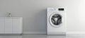 Modern white washing machine with black led display in minimalist setting for efficient laundry Royalty Free Stock Photo