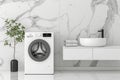Modern white washing machine with black led display in a stylish interior decor setting Royalty Free Stock Photo