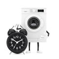 Modern White Washing Machine Character Mascot with Alarm Clock. 3d Rendering Royalty Free Stock Photo