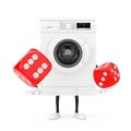 Modern White Washing Machine Character Mascot with Red Game Dice Cubes in Flight. 3d Rendering