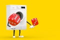 Modern White Washing Machine Character Mascot with Red Game Dice Cubes in Flight. 3d Rendering