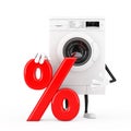 Modern White Washing Machine Character Mascot with Red Retail Percent Sale or Discount Sign. 3d Rendering Royalty Free Stock Photo