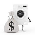 Modern White Washing Machine Character Mascot with Tied Rustic Canvas Linen Money Sack or Money Bag with Dollar Sign. 3d Rendering