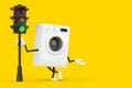 Modern White Washing Machine Character Mascot with Traffic Green Light. 3d Rendering