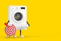 Modern White Washing Machine Mascot Character with Archery Target and Dart in Center. 3d Rendering