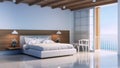 Modern white and wooden bedroom by the beach sea view - 3D rendering Royalty Free Stock Photo