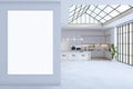 Modern white and wooden spacious kitchen interior with empty white mock up banner, ceiling window with city view, equipment and Royalty Free Stock Photo