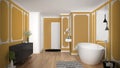 Modern white and yellow bathroom in classic room, wall moldings, parquet floor, bathtub with carpet and accessories, minimalist