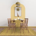 Modern white, yellow and wooden dining room with table set and vintage scandinavian chair, empty space with carpet, door, mirror