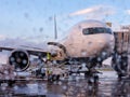 Modern wide fuselage jet airliner parked in the airport seen through the glass with raindrops standing on wet tarmac Royalty Free Stock Photo