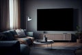 Modern wide screen TV on white wall in room with stylish furniture, AI Generated Royalty Free Stock Photo