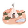 Modern wigwam house in nature. Teepee shelter for camping. Comfortable tepee, wickiup tent outdoors for trendy remote