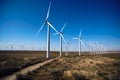 Modern wind farm with rows of towering wind turbines on a vast plain under blue sky\