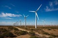 Modern wind farm with rows of towering wind turbines on a vast plain under blue sky\