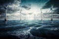 Modern wind turbines in sea at sky background AI generated