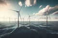 Modern wind turbines in sea at sky background AI generated