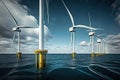 Modern wind turbines in sea at sky background AI generated