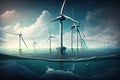 Modern wind turbines in sea at sky background AI generated