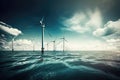 Modern wind turbines in sea at sky background AI generated