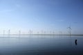 Modern windmills in the water near the shore along a green grassy dike Royalty Free Stock Photo