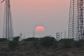 Modern windmills and sunset in thar desert Jaisalmer Rajasthan India Royalty Free Stock Photo