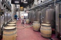 Modern wine cellar, factory with large metallic clean shine stainless steel tanks for fermentation, pouring wine into wooden