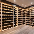 A modern wine cellar with floor-to-ceiling wine racks, a tasting table, and dim mood lighting4, Generative AI