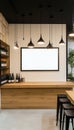 Modern Wine Store Interior With Wooden Counter, Empty Frame Mockup, And Black Pendant Lights. Royalty Free Stock Photo