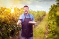 Modern winemaker in vineyard holding glass of red wine and variety of italian food Royalty Free Stock Photo