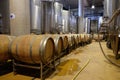 Modern winery with aluminium tanks and wine barrels Royalty Free Stock Photo