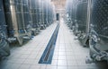 Modern winery interior, large shiny fermentation vats in perspective Royalty Free Stock Photo