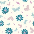 Modern wing textured butterflies, flowers and leaves in blue, pink and purple. Seamless vector pattern on cream Royalty Free Stock Photo