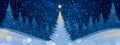 Modern winter background with night forest, New Year tree, star and falling snow. Festive banner for the New Year and Royalty Free Stock Photo