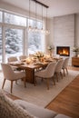 Cozy Winter Dining Room with Fireplace and Snowy Forest View Royalty Free Stock Photo