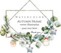 Modern winter Watercolor vector brilliant golden with spruce branches, eucalyptus, pine cones, winter berries frames in rhombus