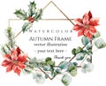 Modern winter Watercolor vector Holly berries, poinsettia, cedar branches, golden borders Royalty Free Stock Photo