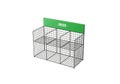 Modern wire retail display rack with green branding panel for products Royalty Free Stock Photo