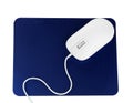 Modern wired optical mouse and blue pad isolated on white Royalty Free Stock Photo