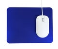 Modern wired optical mouse and blue pad isolated on white Royalty Free Stock Photo