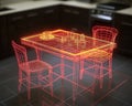 Modern Wireframe Table and Chairs Digital Design Red Yellow 3d art room mesh model lines Royalty Free Stock Photo