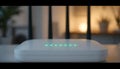 Modern wireless router with active LED lights in cozy home setting Royalty Free Stock Photo