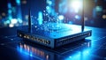 Modern wireless router with digital network data visualization, blue background. Royalty Free Stock Photo