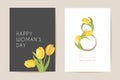 Modern Woman day 8 March holiday card. Spring floral vector illustration. Greeting realistic tulip flowers template